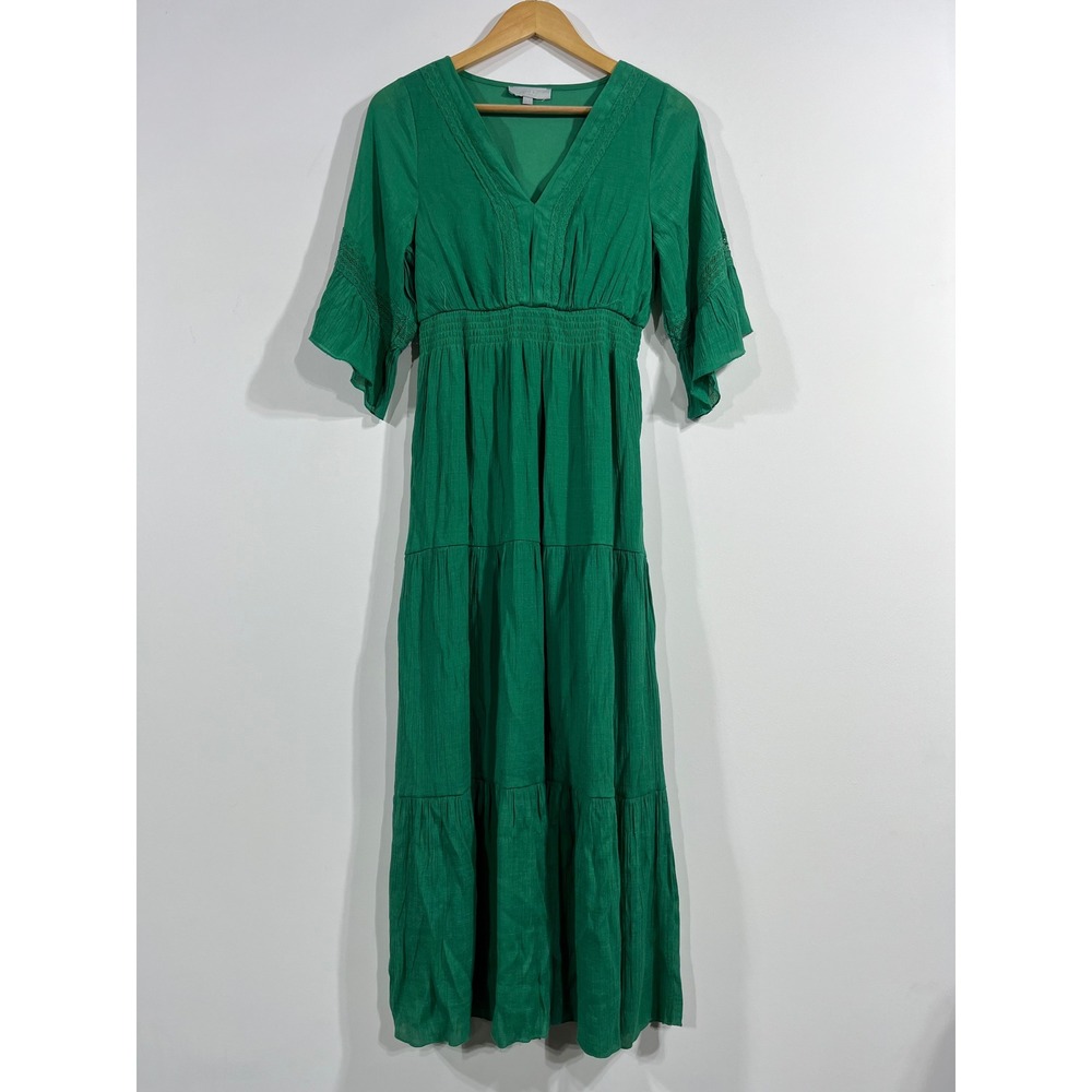 J.GEE Babydoll Kelly Green Boho Maxi Dress Lace Trim Smocked Small Cottagecore